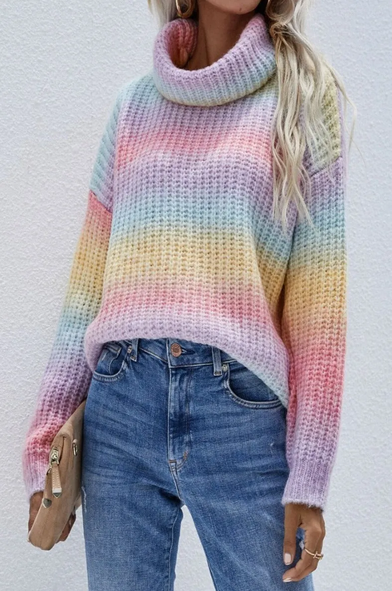 'Amelia' Rainbow Rib-Knit Turtleneck Drop Shoulder Sweater (2 Colors)