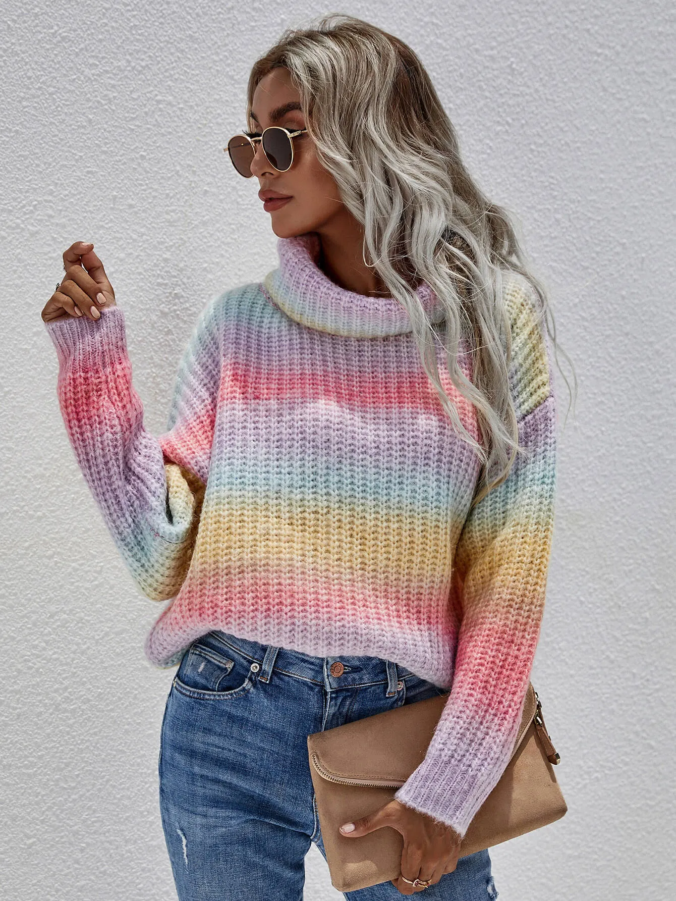 'Amelia' Rainbow Rib-Knit Turtleneck Drop Shoulder Sweater (2 Colors)