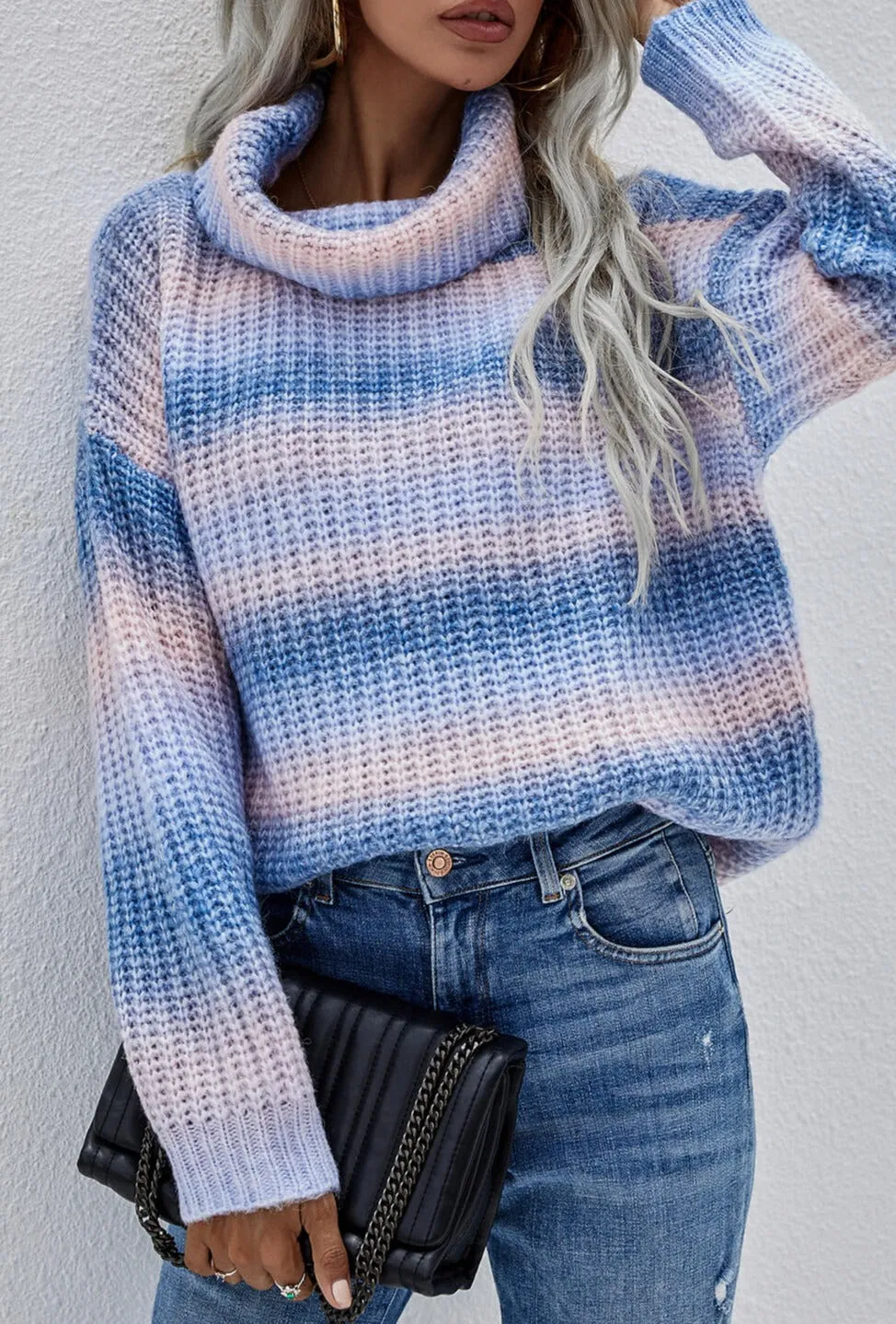 'Amelia' Rainbow Rib-Knit Turtleneck Drop Shoulder Sweater (2 Colors)