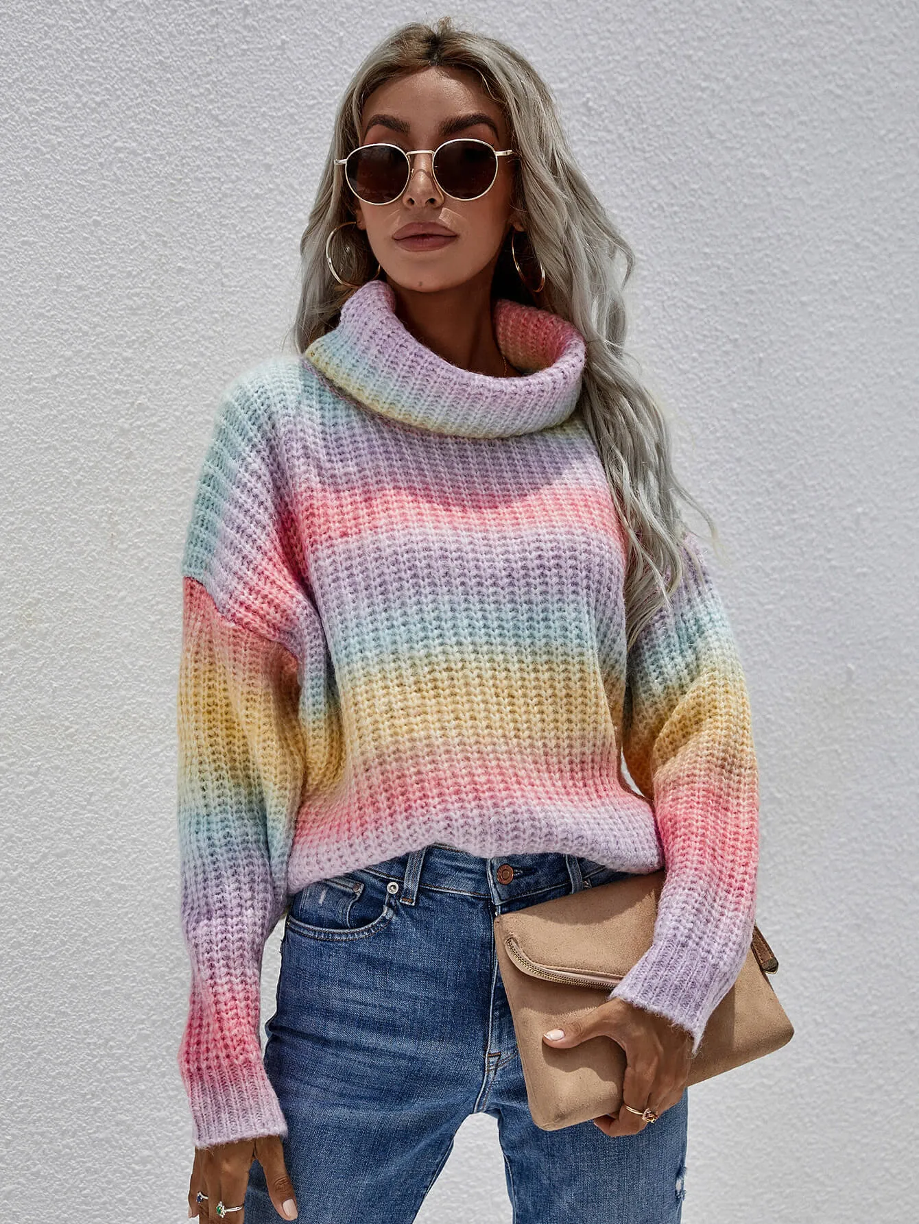 'Amelia' Rainbow Rib-Knit Turtleneck Drop Shoulder Sweater (2 Colors)