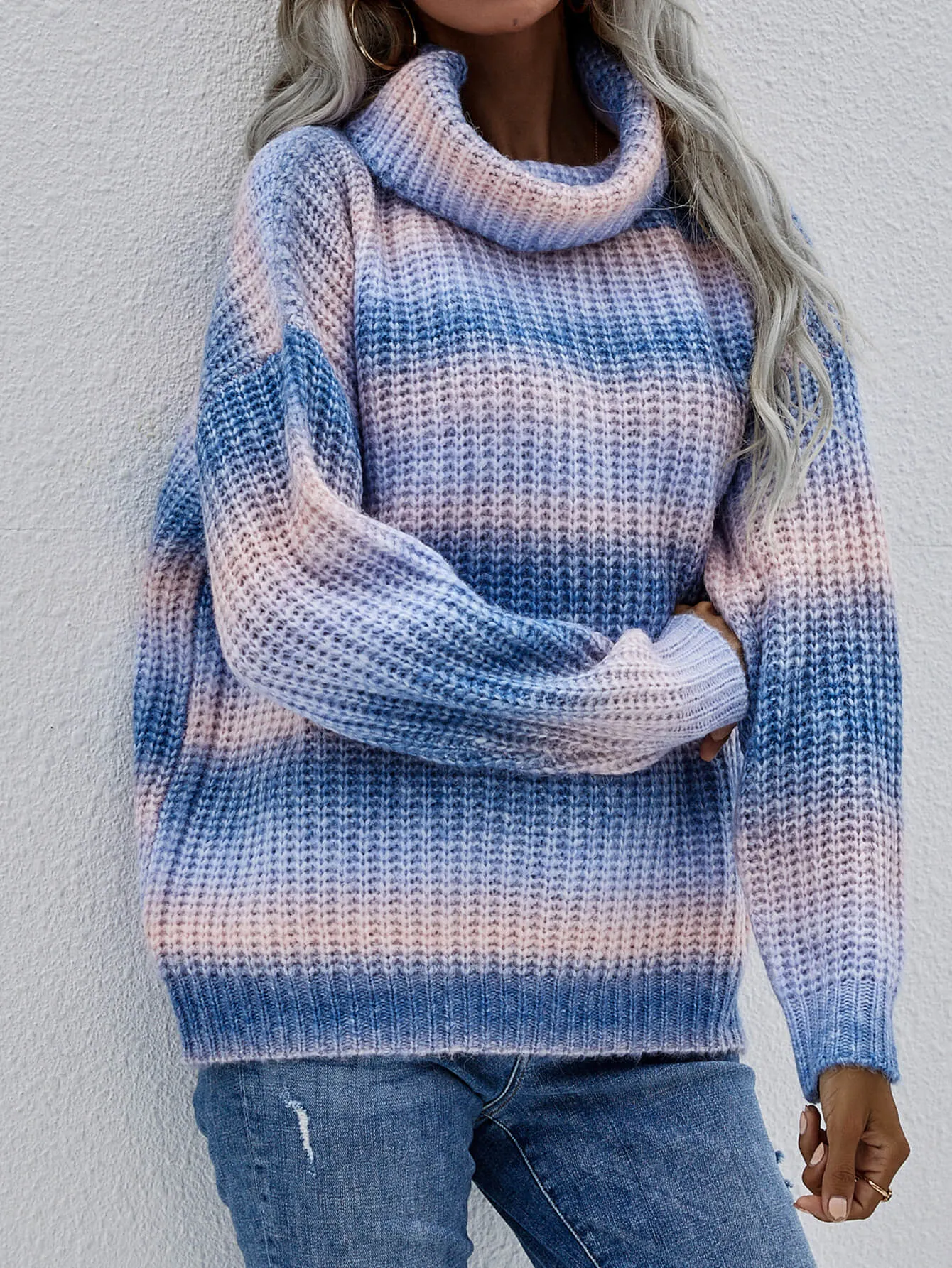 'Amelia' Rainbow Rib-Knit Turtleneck Drop Shoulder Sweater (2 Colors)