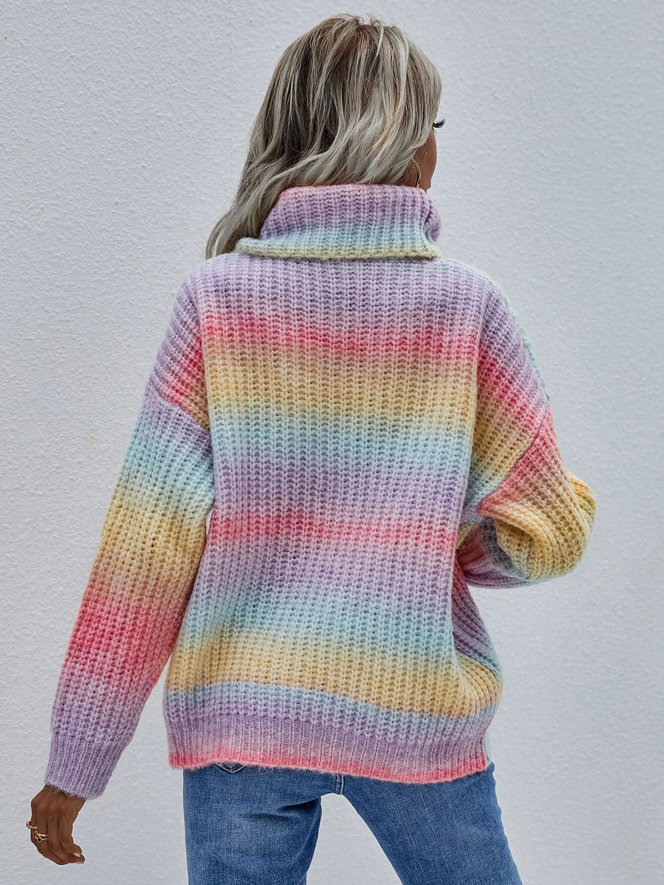 'Amelia' Rainbow Rib-Knit Turtleneck Drop Shoulder Sweater (2 Colors)