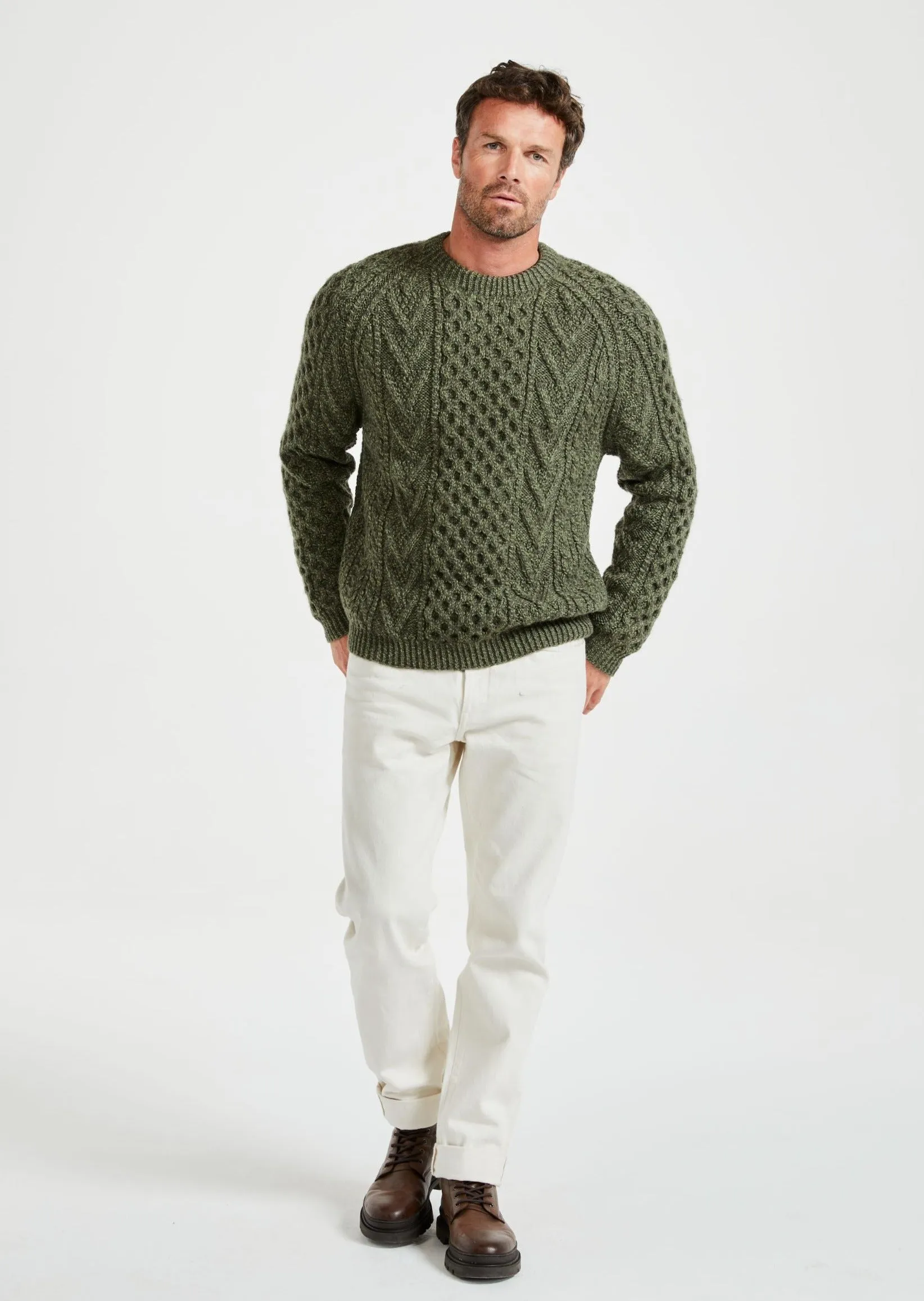 Aran Handknit Crew Neck Sweater | Green