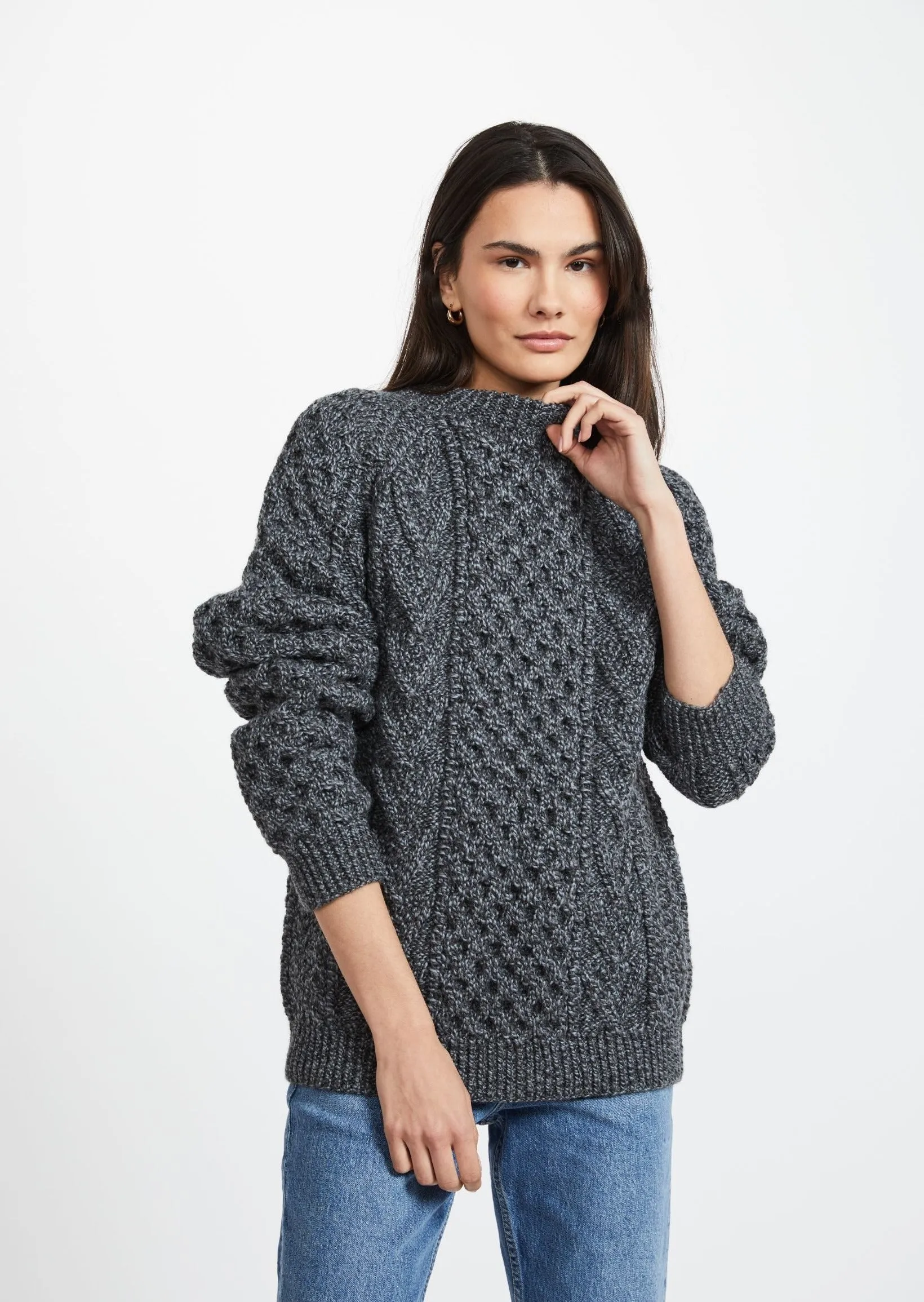 Aran Handknit Crew Neck Sweater | Silver