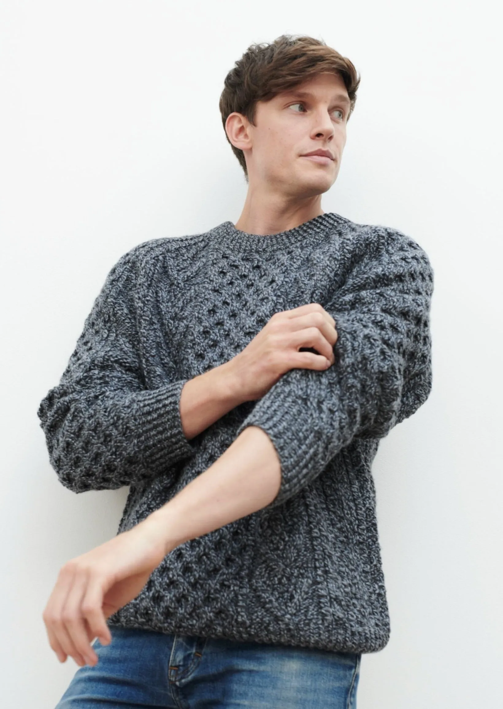 Aran Handknit Crew Neck Sweater | Silver