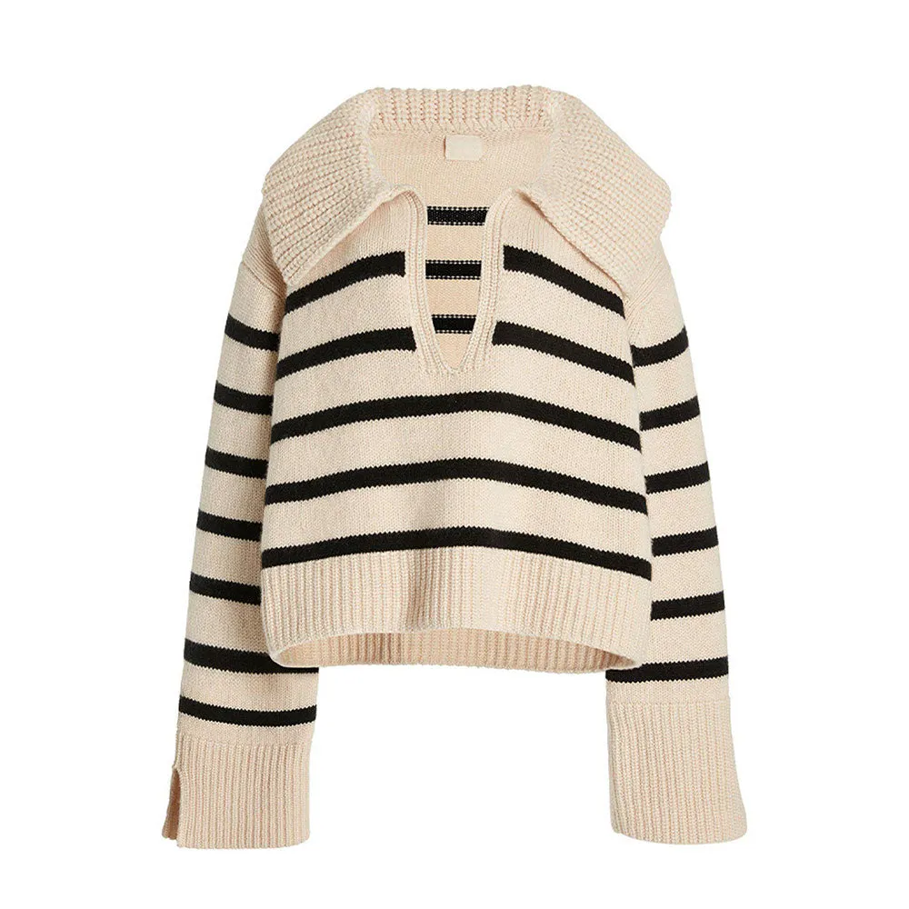 Athletic Breton Stripe Spread Collar V Neck Split Sleeve Oversized Wool Sweater