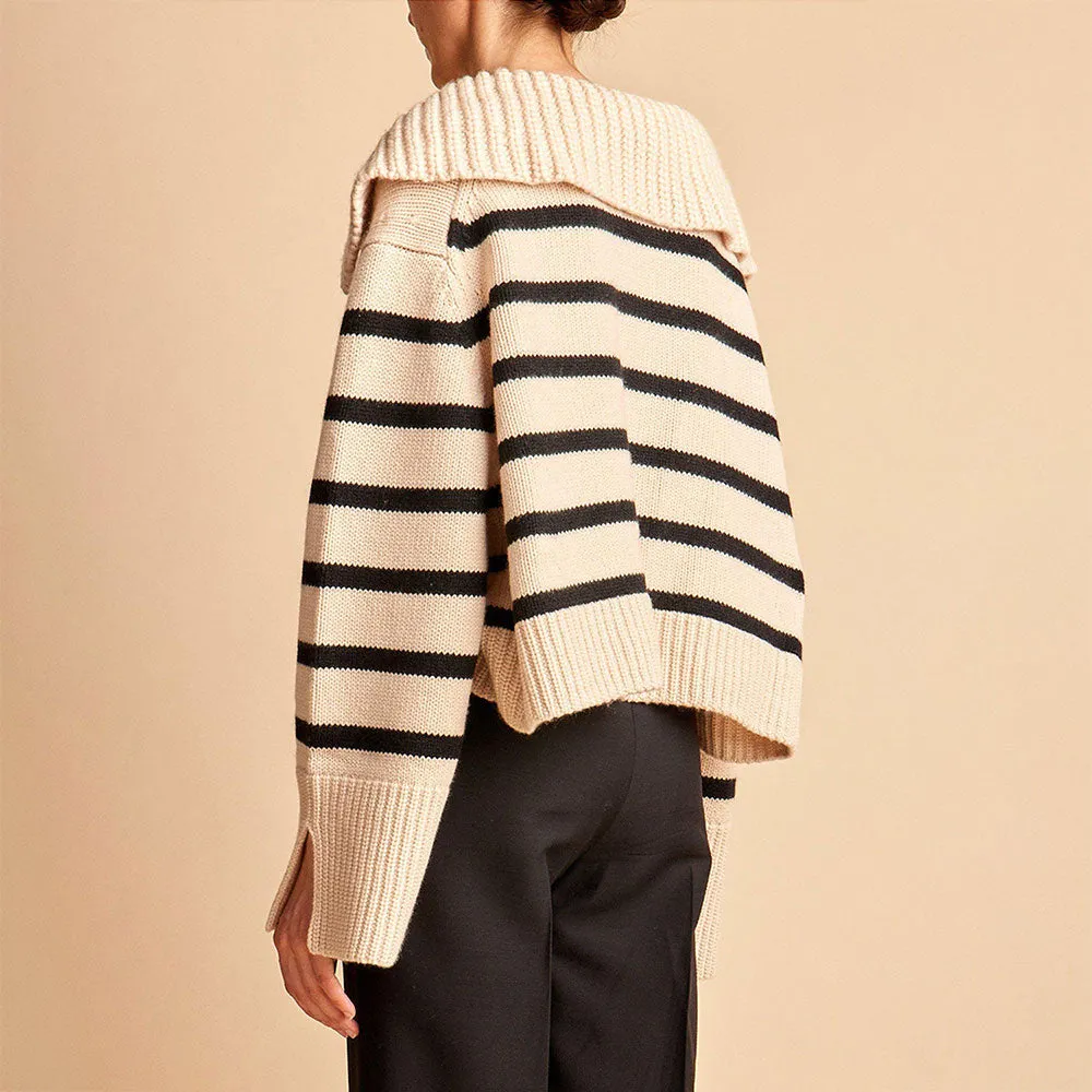 Athletic Breton Stripe Spread Collar V Neck Split Sleeve Oversized Wool Sweater