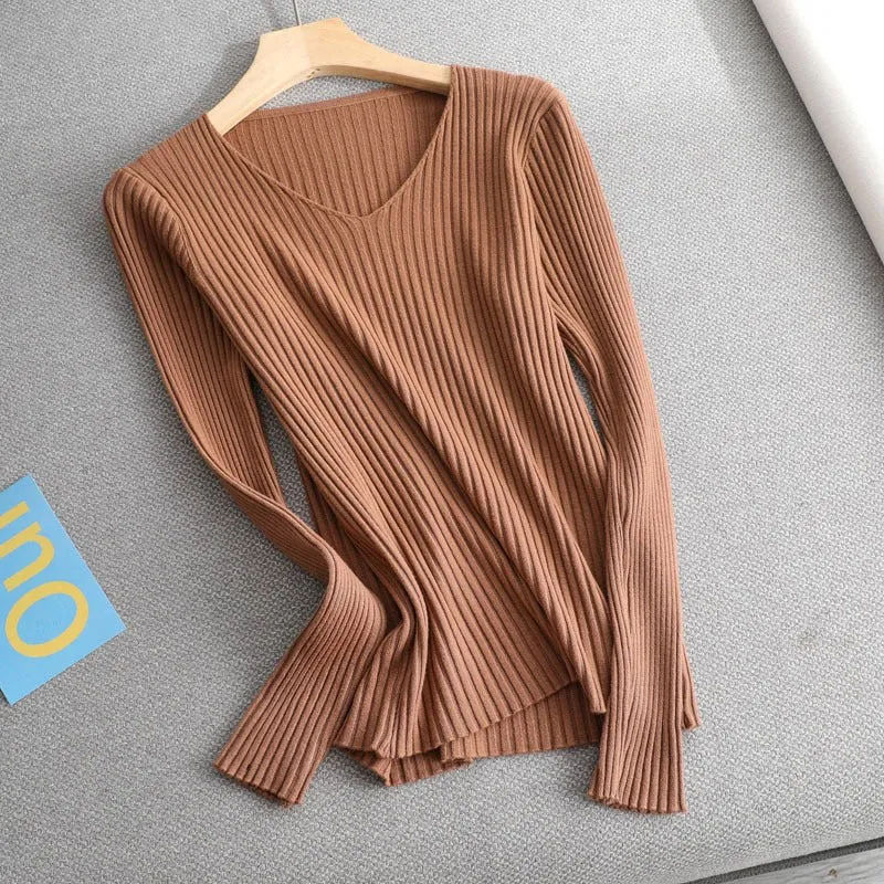 Basic V-neck Solid Sweater Pullover Women Female Knitted Sweater