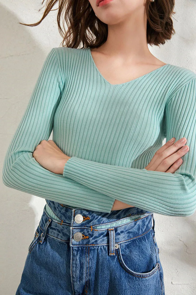 Basic V-neck Solid Sweater Pullover Women Female Knitted Sweater