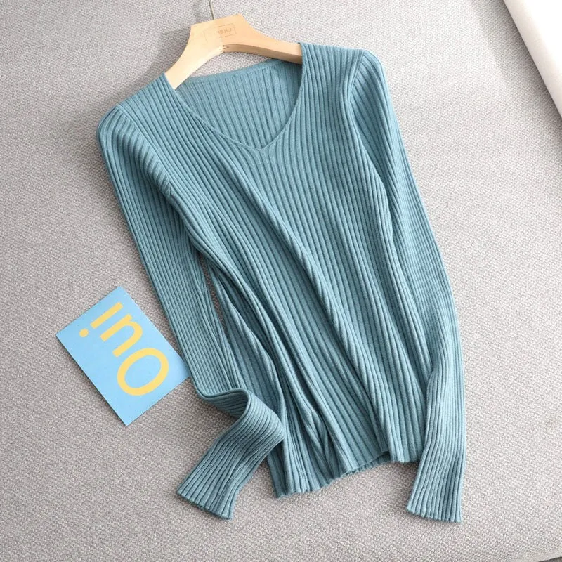 Basic V-neck Solid Sweater Pullover Women Female Knitted Sweater