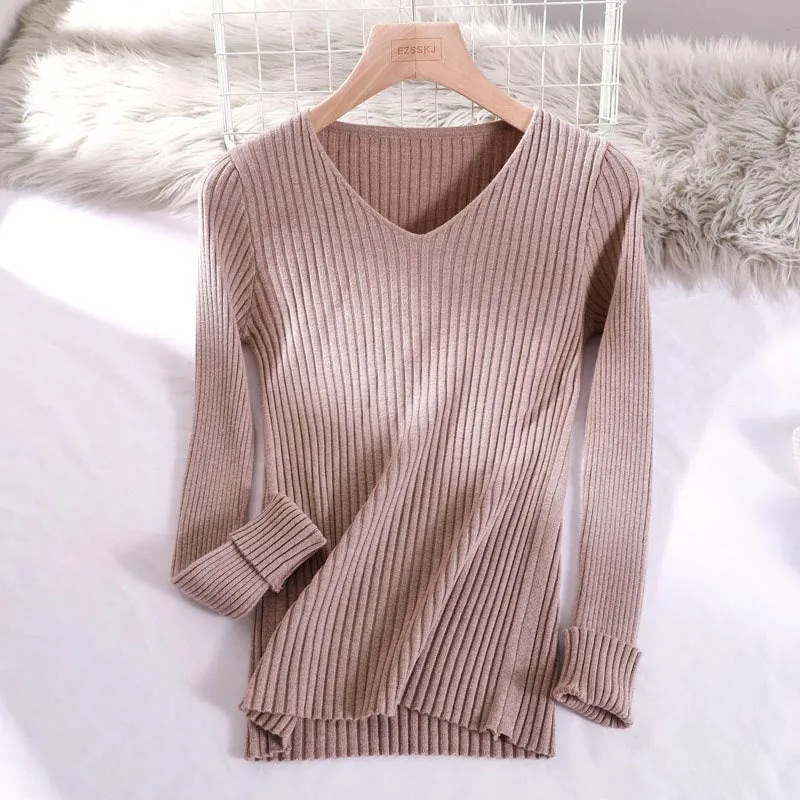 Basic V-neck Solid Sweater Pullover Women Female Knitted Sweater