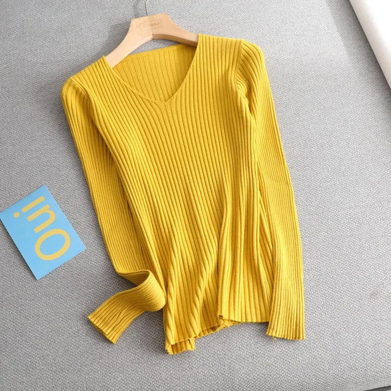 Basic V-neck Solid Sweater Pullover Women Female Knitted Sweater