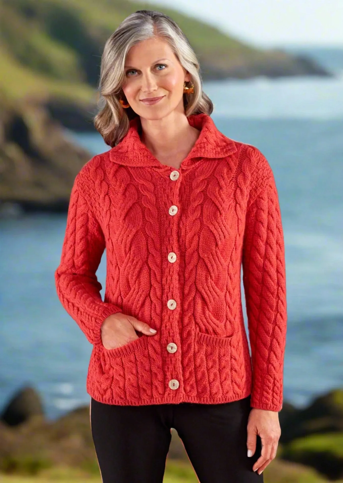 Belcarra Ladies Aran Cardigan | Coral