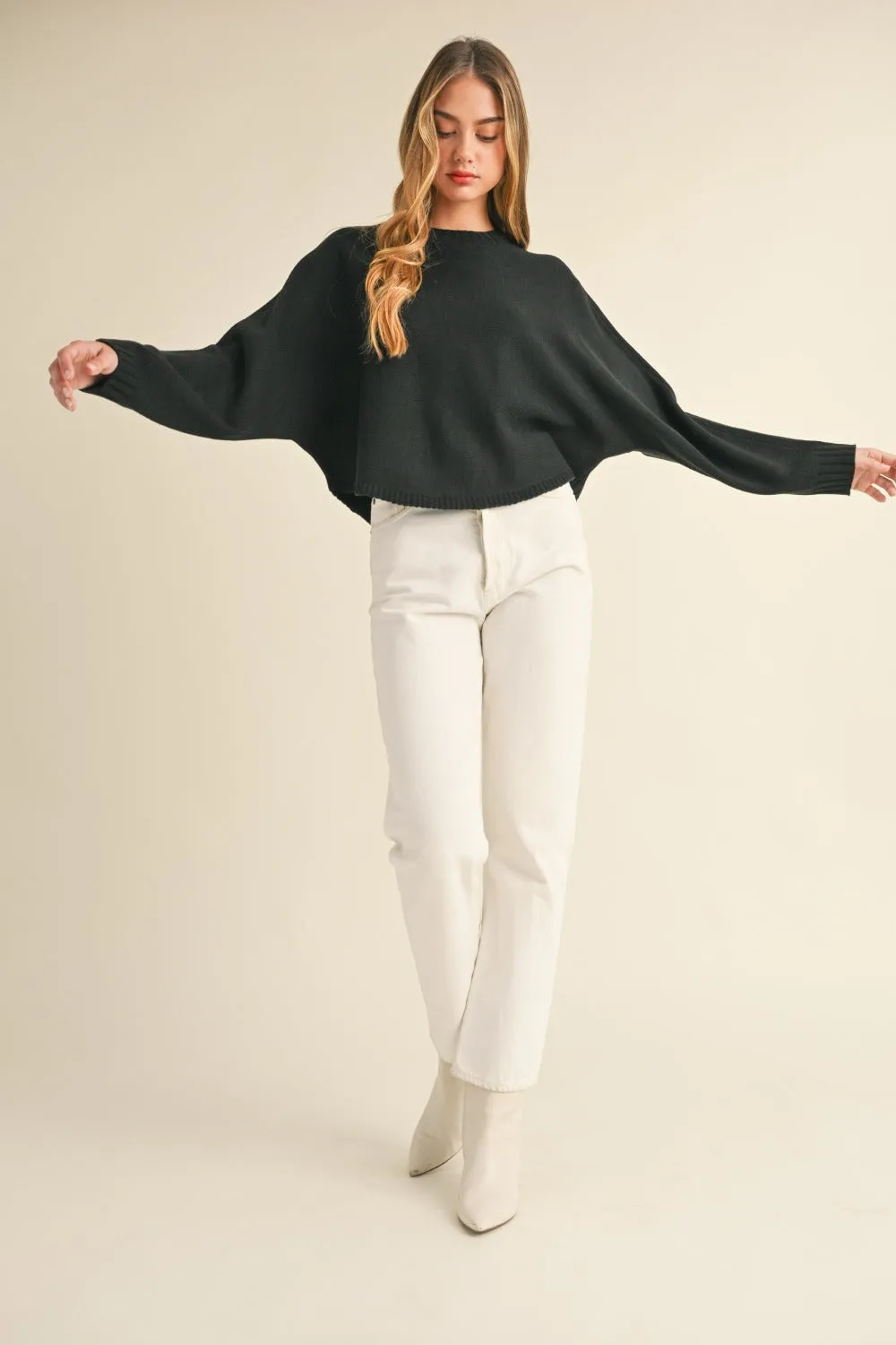 Black Round Neck Dolman Sleeve Cropped Sweater