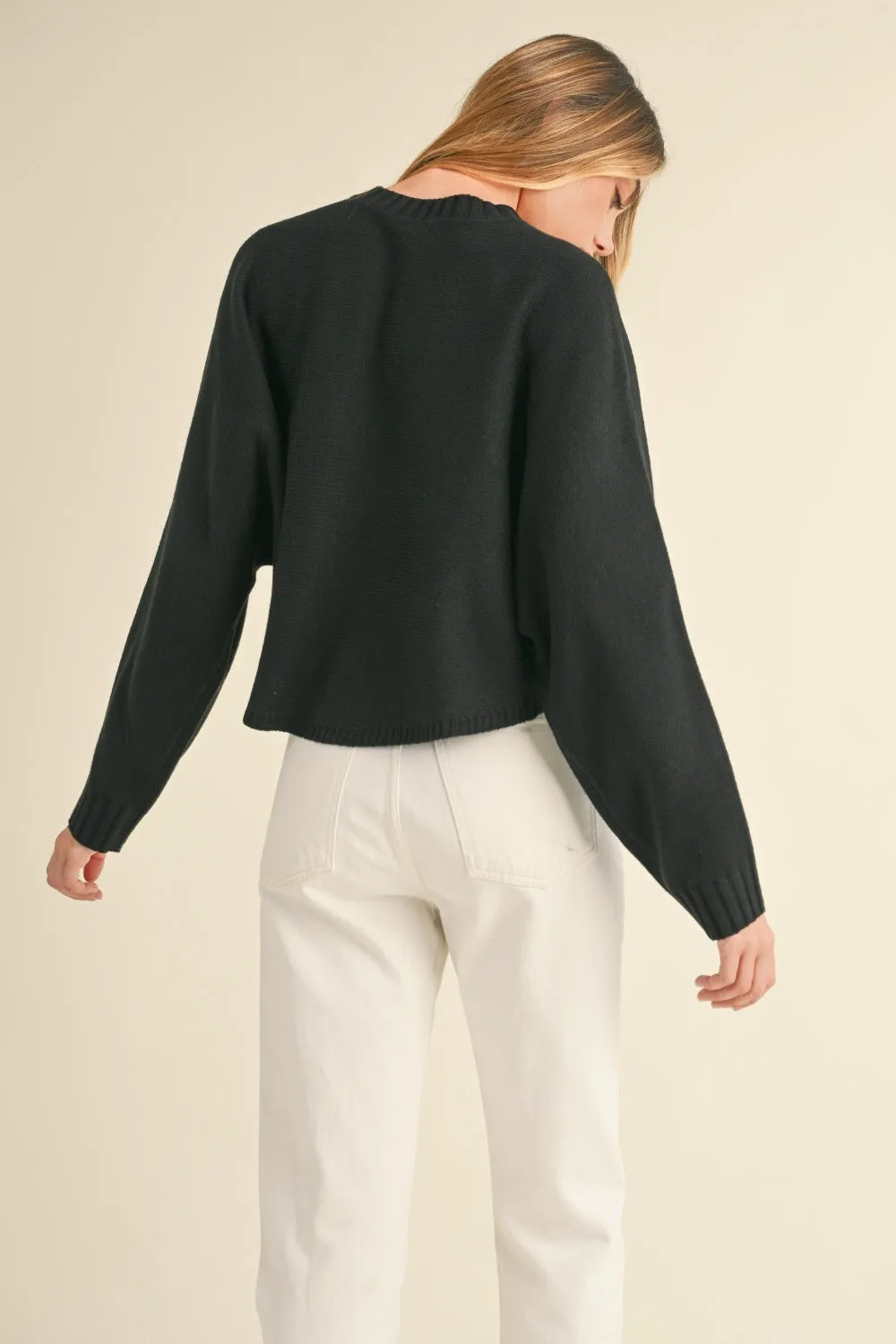 Black Round Neck Dolman Sleeve Cropped Sweater