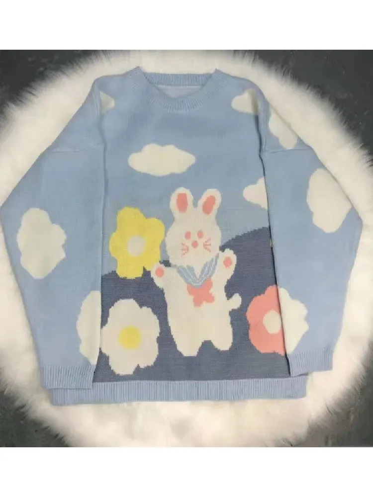 Blue Rabbit Cute Sweaters Women's Jumper Sweet Style Pullover Kawaii Sweater Long Sleeve Loose Knitted Pullovers