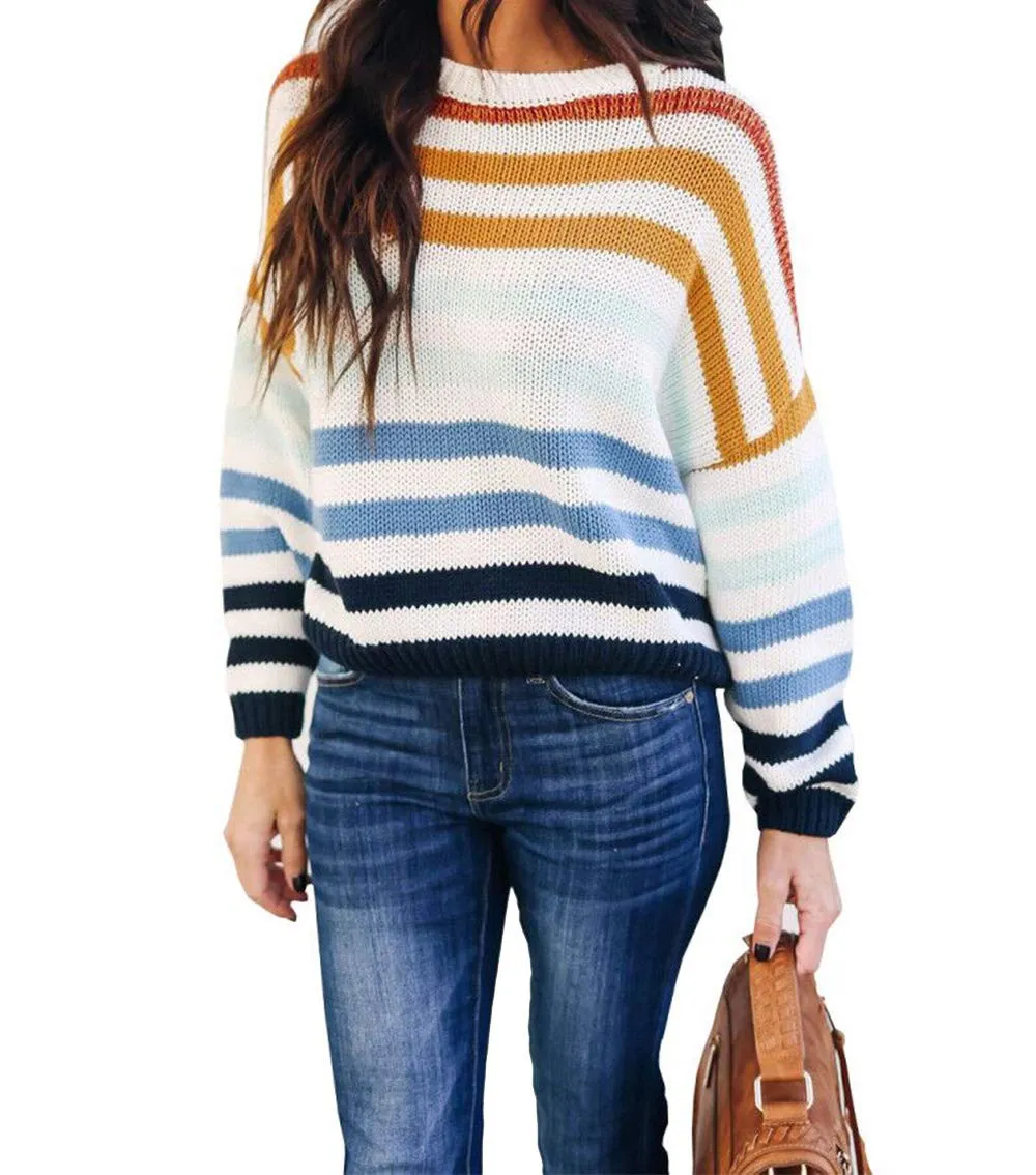 Blue Women’s Stripe Color Block Short Sweater Long Sleeve Stitching Color Crew Neck Loose Knitted Pullovers Jumper Tops - KIRUNDO