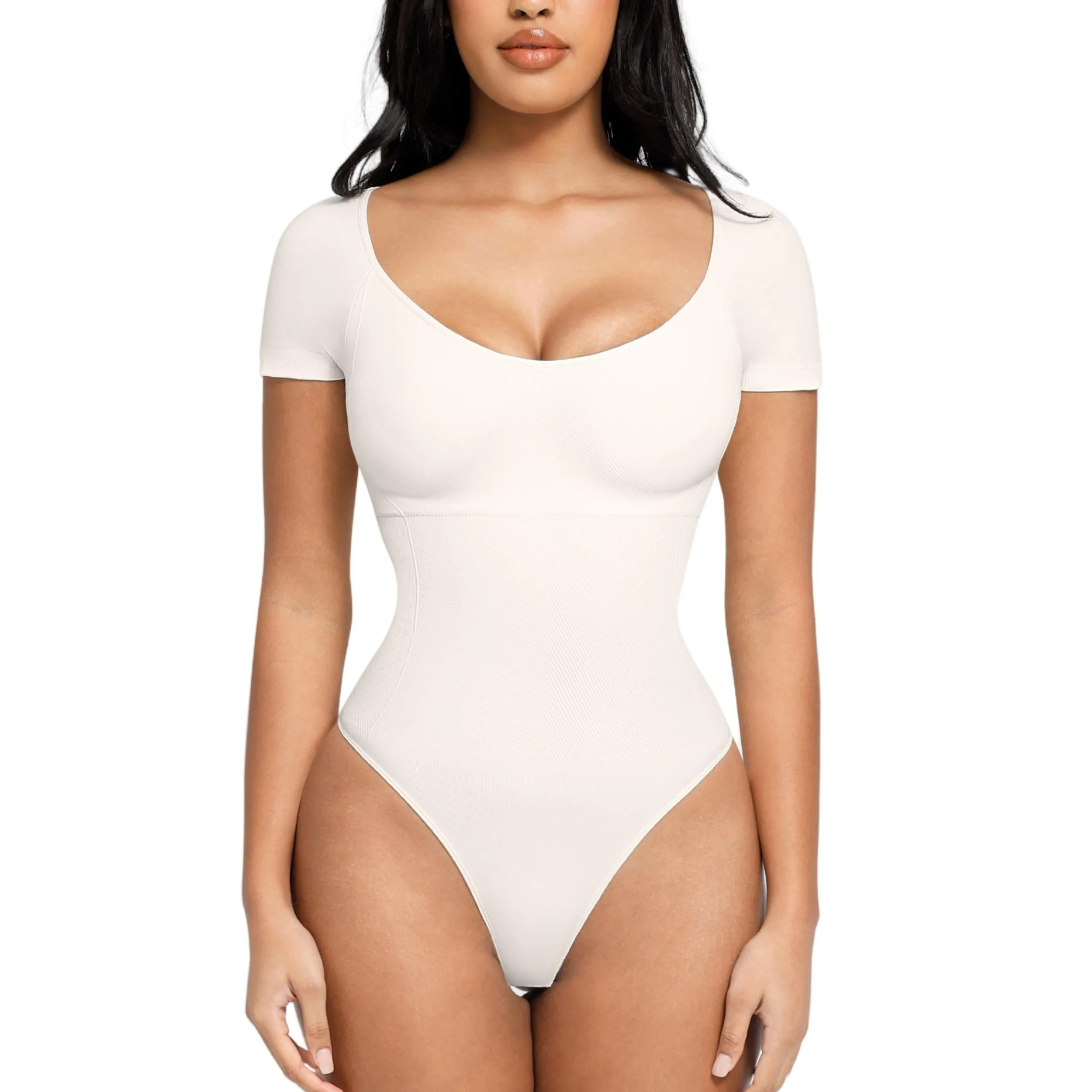 Bodysuit for Women - Round Neck Body Shaper Short Sleeve Bodysuit Tops Womenswear Thong