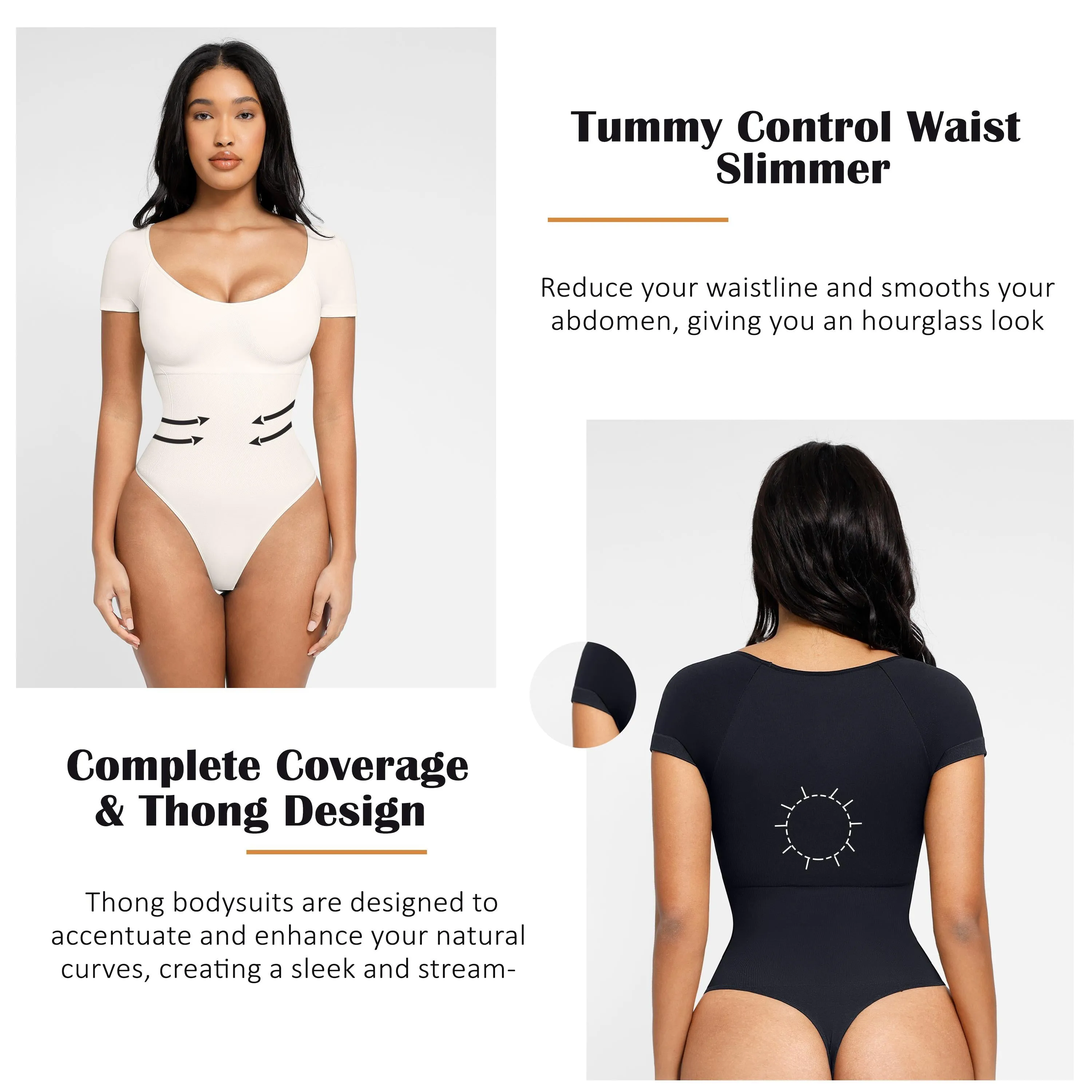 Bodysuit for Women - Round Neck Body Shaper Short Sleeve Bodysuit Tops Womenswear Thong