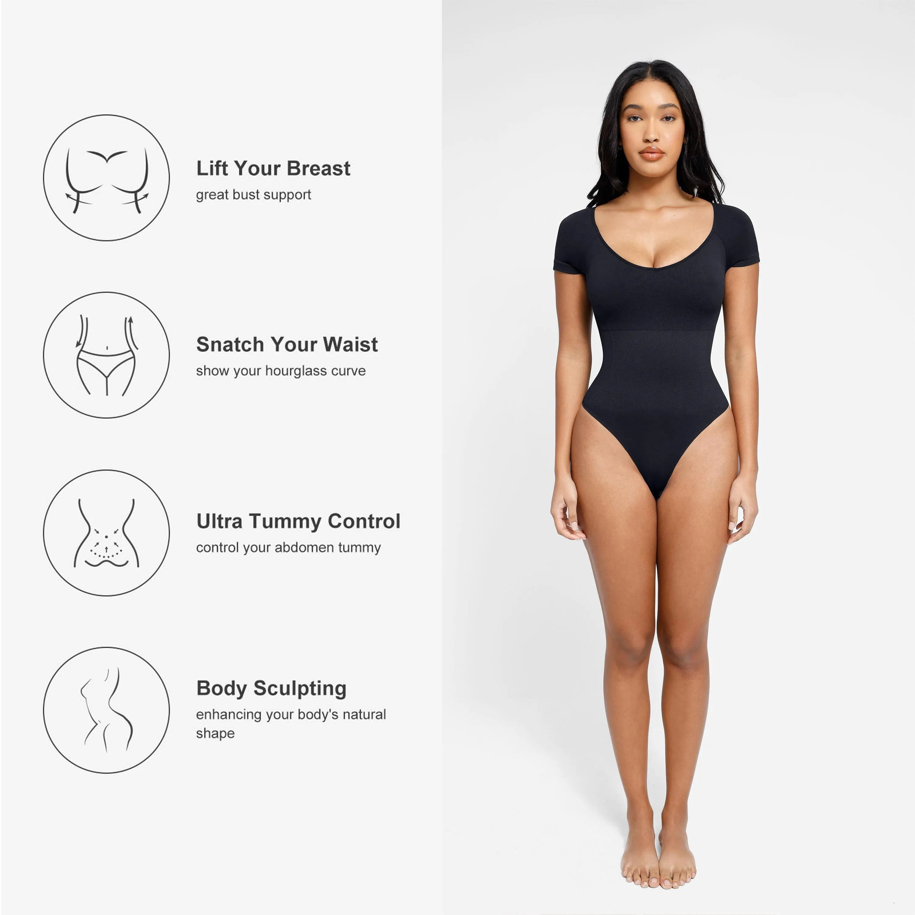 Bodysuit for Women - Round Neck Body Shaper Short Sleeve Bodysuit Tops Womenswear Thong