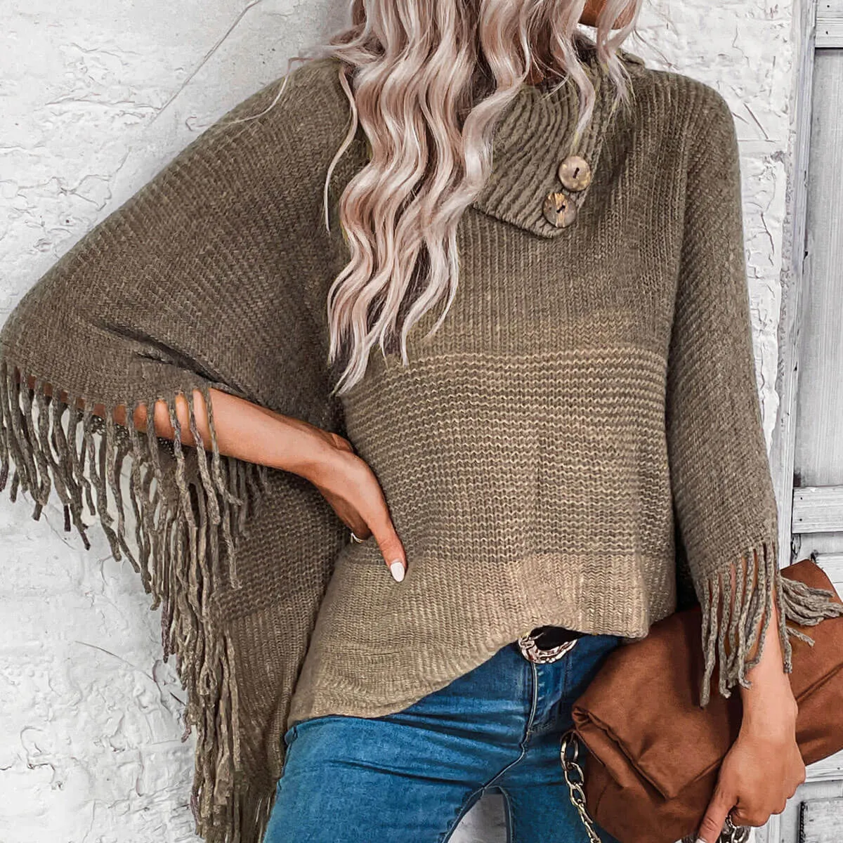 Boho Chic Button Trim Split Turtleneck Color Panel Fringe Oversized Knit Cape Sweater