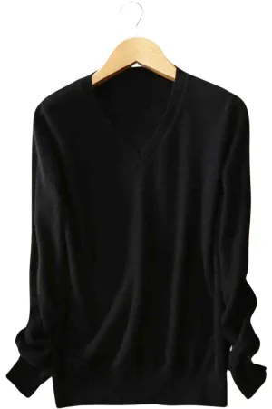 Cashmere Wool Knit Sweater Black V-Neck