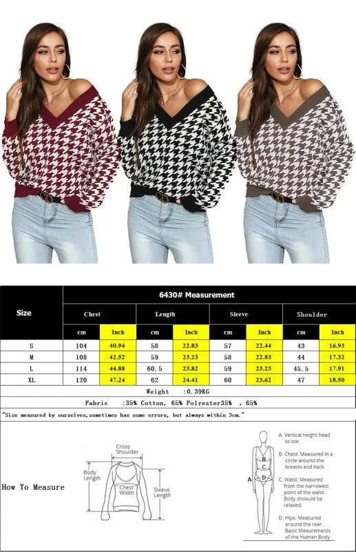 Chic Black Houndstooth V-Neck Sweater - Women's Fashion Elegance