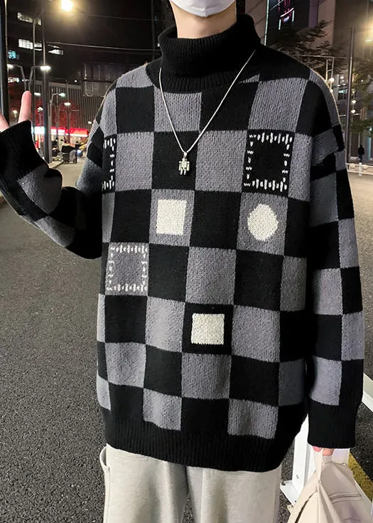 Chic Black Turtleneck Plaid Knit Men Sweaters Pullover Winter RJ049