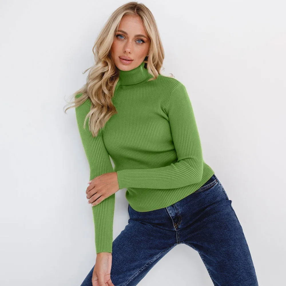 Chic Solid Turtleneck Long Sleeve Ribbed Knit Winter Fitted Pullover Sweater