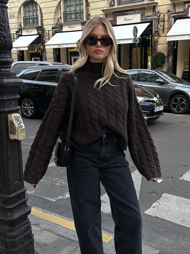 Chicmy-nye outfits Casual Knitted Twist Sweater Women Turtleneck Long Flare Sleeve Cozy Pullovers 2025 Autumn Winter Lady Loose High Street Jumper