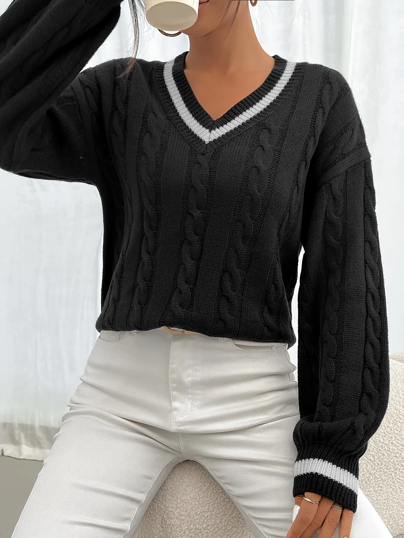 Cozy Cable Knit Sweater - Soft V-Neck, Lantern Sleeve, Drop Shoulder, Preppy Contrast Trim, Women's Knitted Top - Perfect for Casual Daily Wear