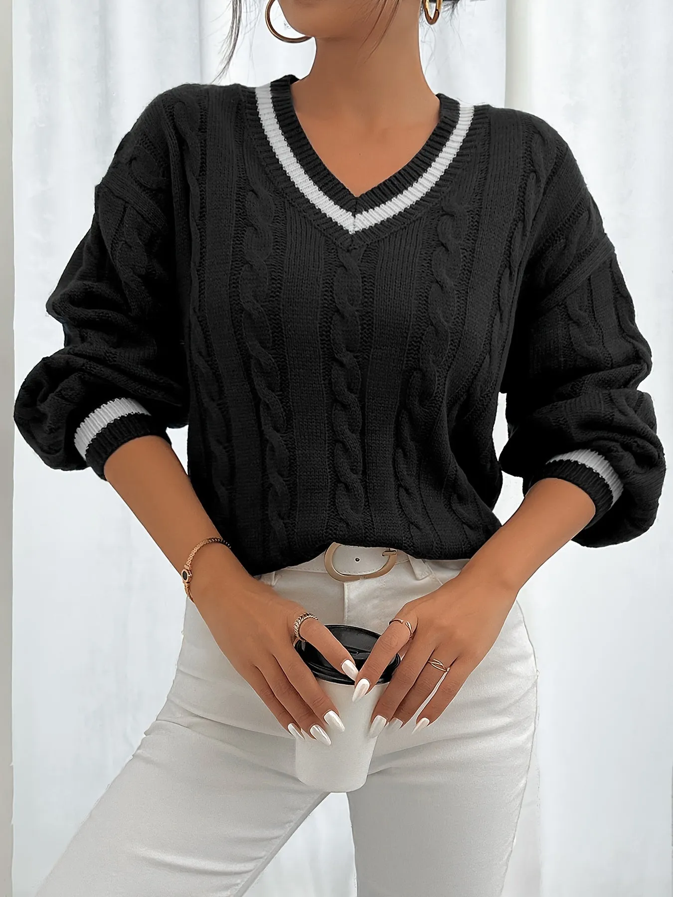 Cozy Cable Knit Sweater - Soft V-Neck, Lantern Sleeve, Drop Shoulder, Preppy Contrast Trim, Women's Knitted Top - Perfect for Casual Daily Wear