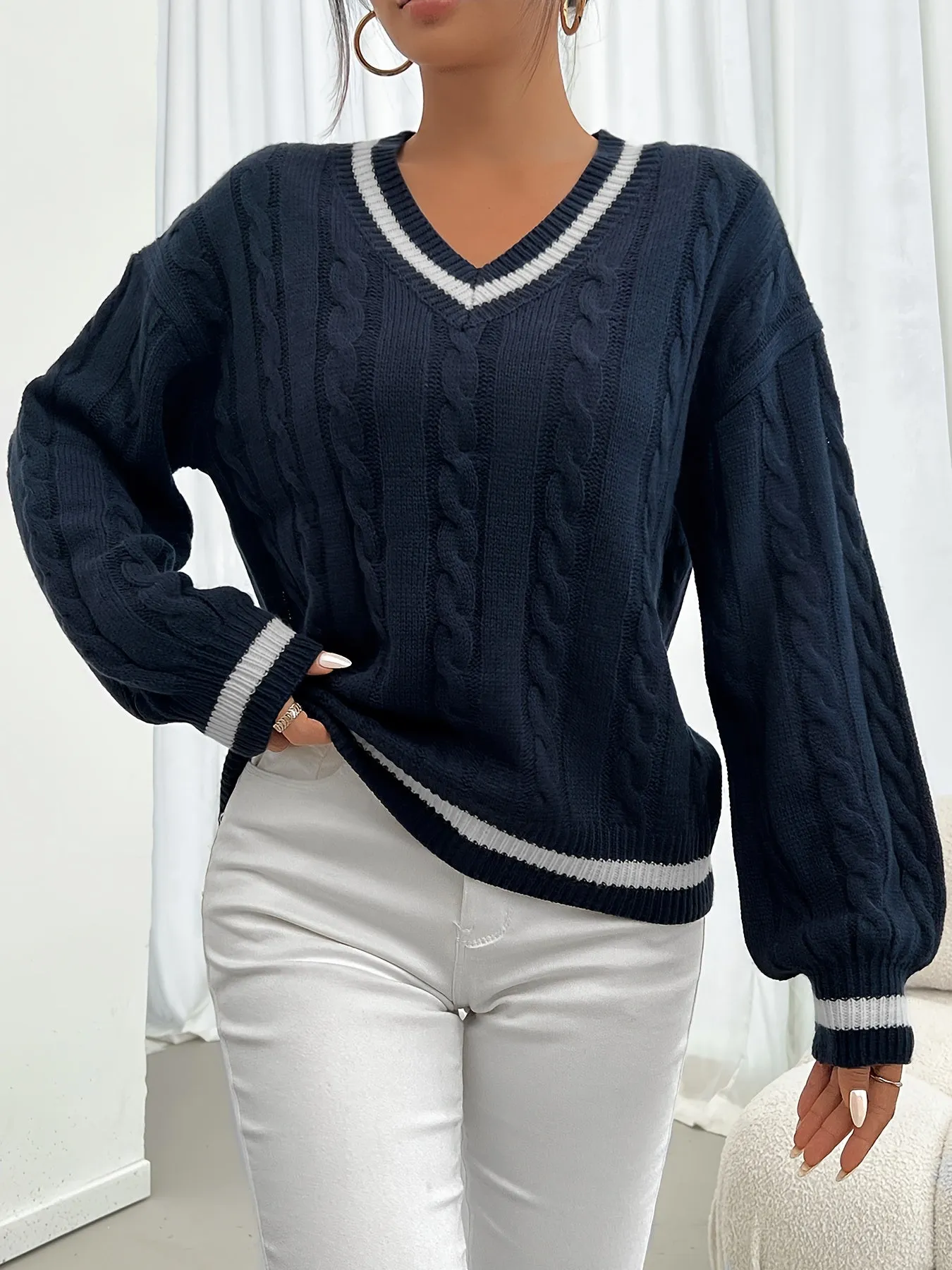 Cozy Cable Knit Sweater - Soft V-Neck, Lantern Sleeve, Drop Shoulder, Preppy Contrast Trim, Women's Knitted Top - Perfect for Casual Daily Wear