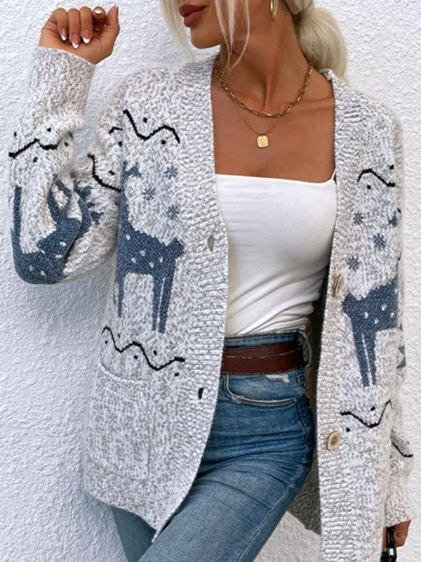 Cozy Christmas Reindeer Knit Cardigan - Women's Festive Sweater for Winter Warmth