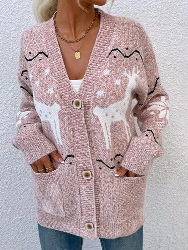 Cozy Christmas Reindeer Knit Cardigan - Women's Festive Sweater for Winter Warmth