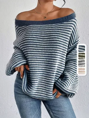 Cozy Fit Drop Shoulder Sweater - Pullovers - Soft, Loose Knitted, Casual Crew Neck, Long Sleeve, Women's Clothing for Everyday Wear