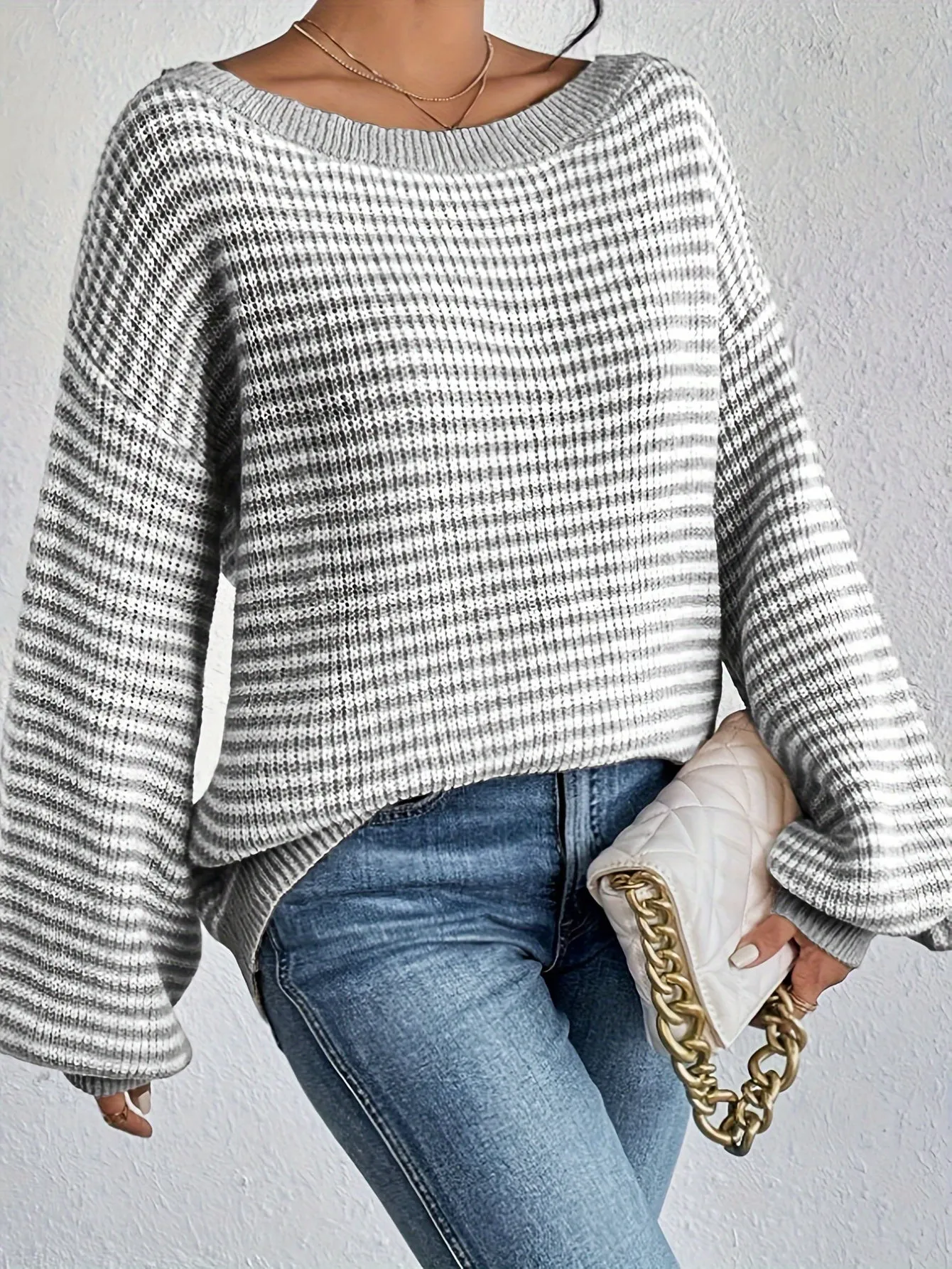 Cozy Fit Drop Shoulder Sweater - Pullovers - Soft, Loose Knitted, Casual Crew Neck, Long Sleeve, Women's Clothing for Everyday Wear