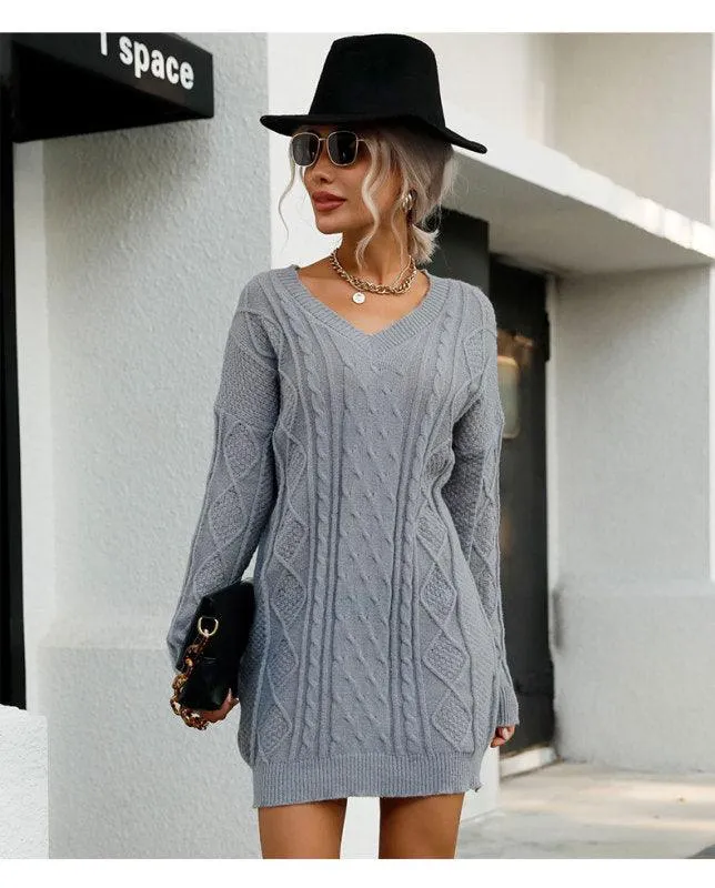 Cozy Grey V-Neck Sweater Dress: Stay Warm and Stylish on Cold Days