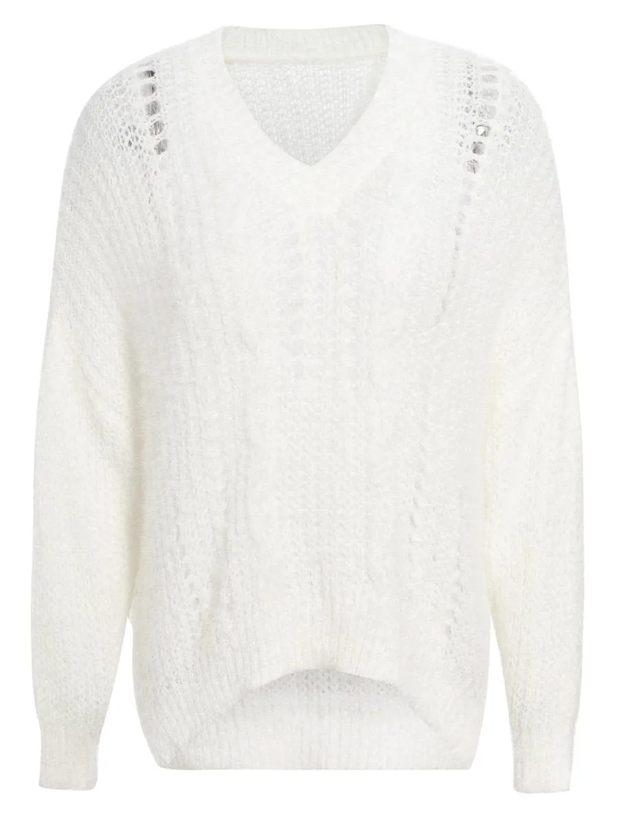 Cozy Hollow Out Loose Pullover - White/Mulitcolored