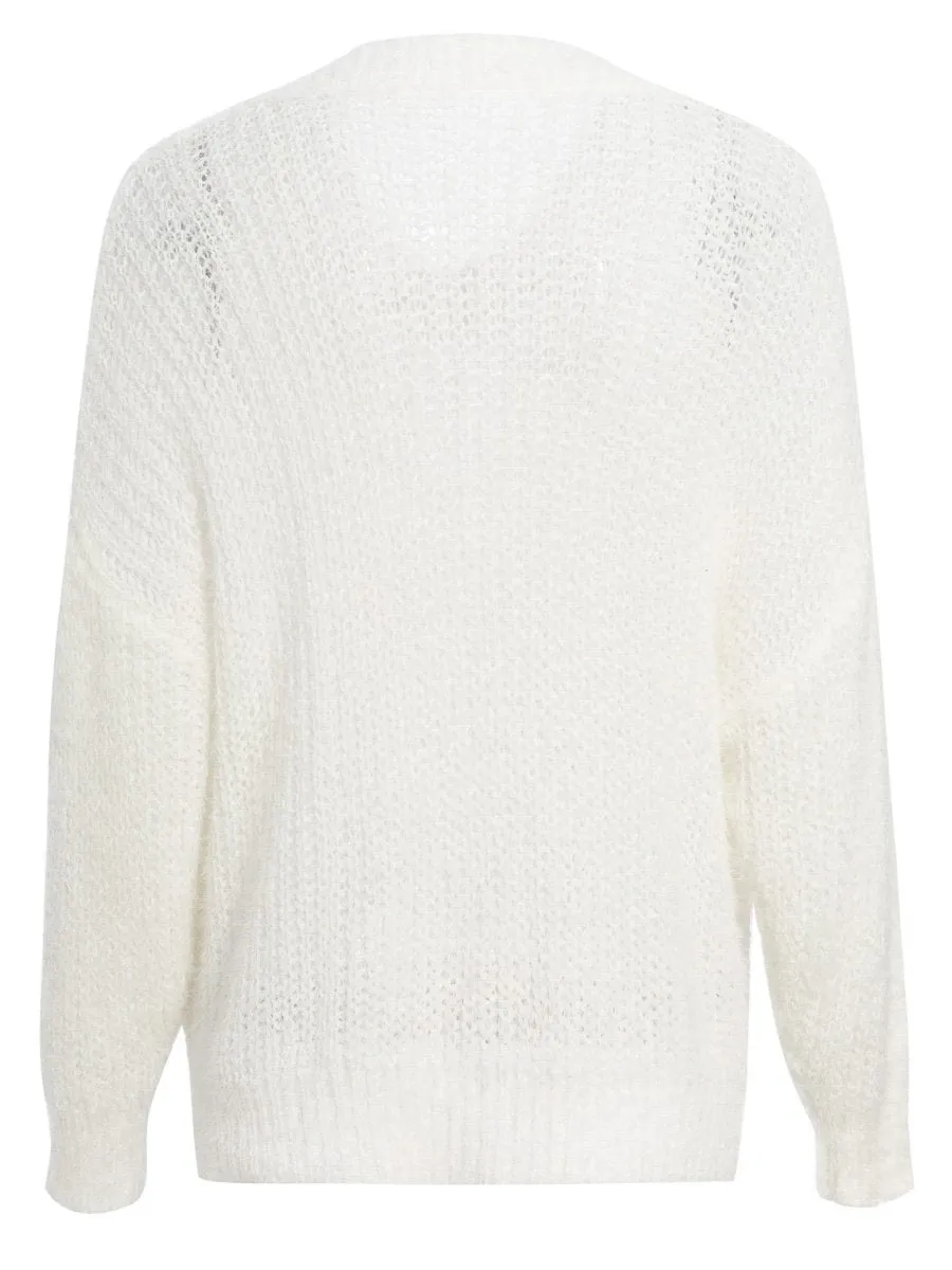 Cozy Hollow Out Loose Pullover - White/Mulitcolored