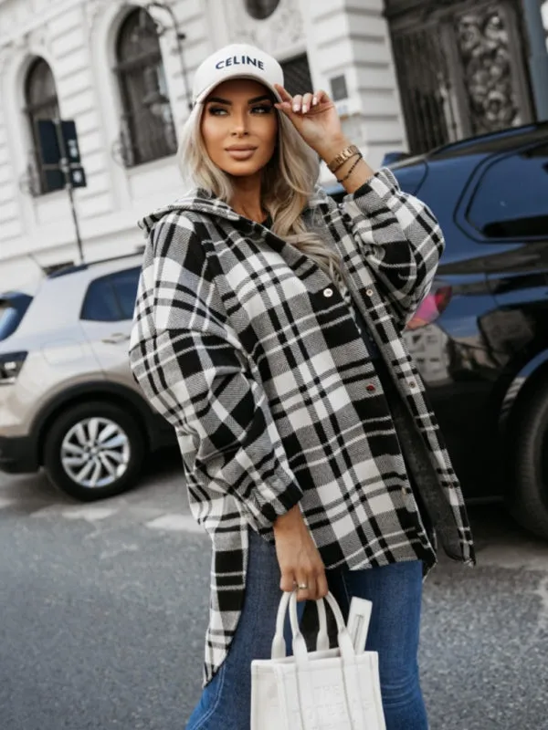 Cozy Hooded Shacket in Houndstooth Plaid