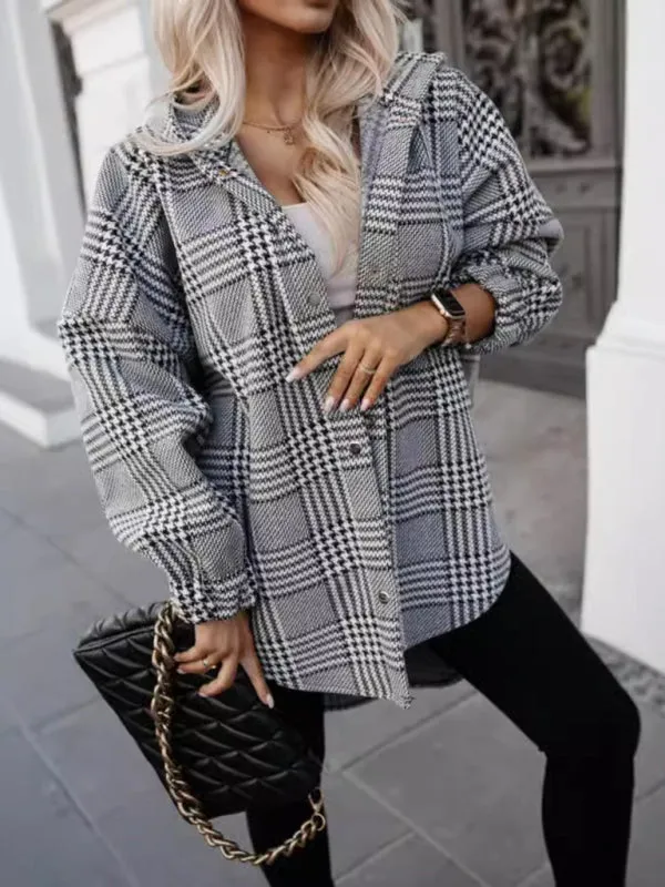 Cozy Hooded Shacket in Houndstooth Plaid