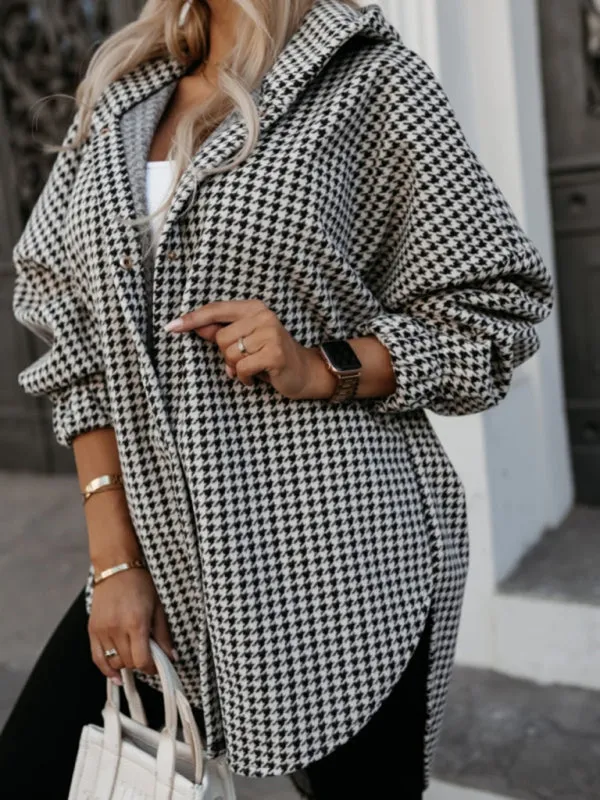 Cozy Hooded Shacket in Houndstooth Plaid