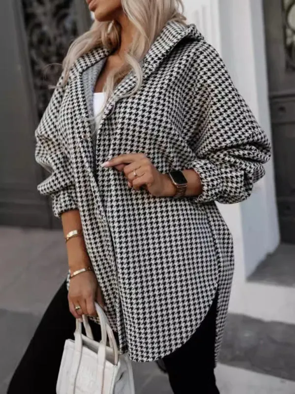 Cozy Hooded Shacket in Houndstooth Plaid