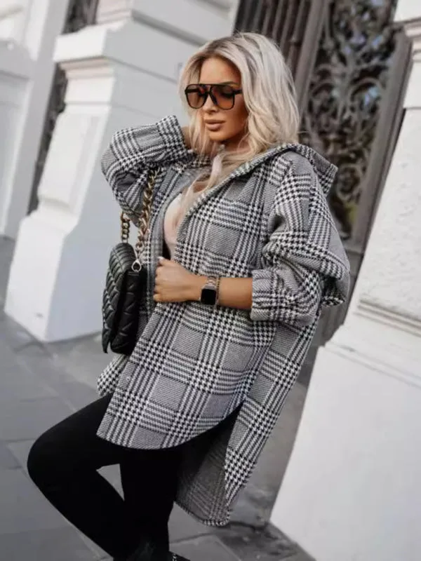 Cozy Hooded Shacket in Houndstooth Plaid