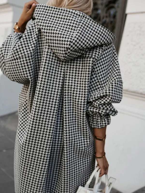 Cozy Hooded Shacket in Houndstooth Plaid