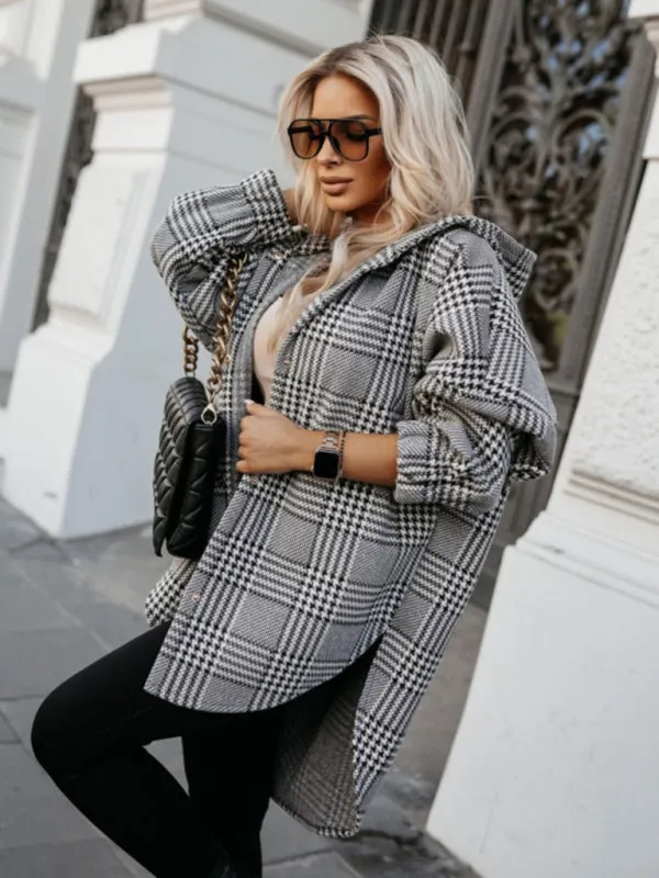 Cozy Hooded Shacket in Houndstooth Plaid