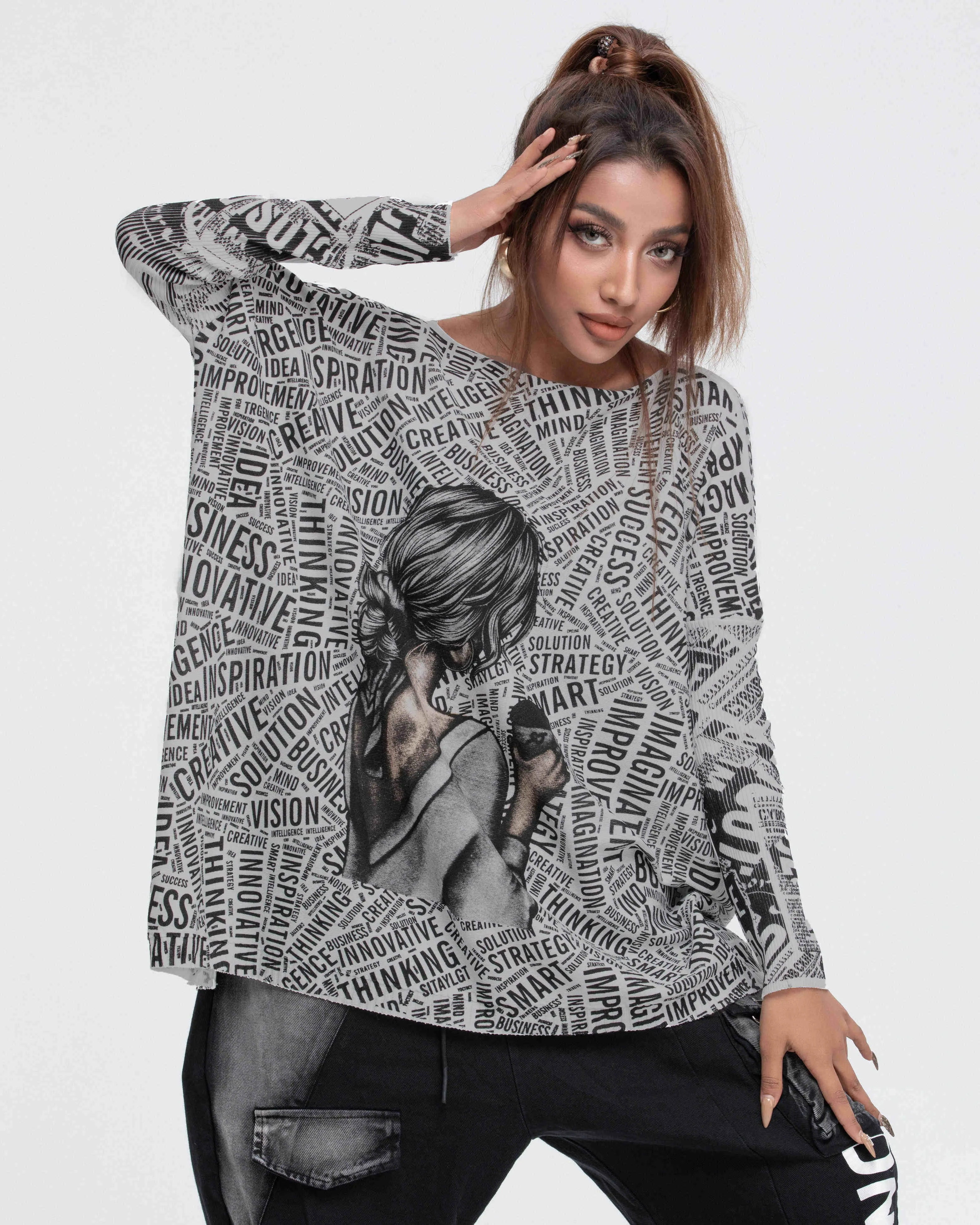 ellazhu Women's Long Sleeve Sweater Newspaper Painting Pullover Oversized Shirt GY2754