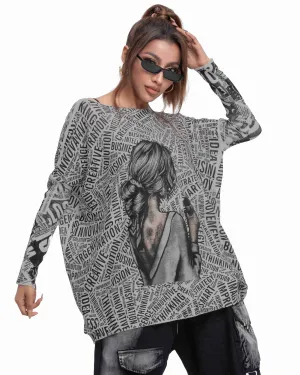 ellazhu Women's Long Sleeve Sweater Newspaper Painting Pullover Oversized Shirt GY2754