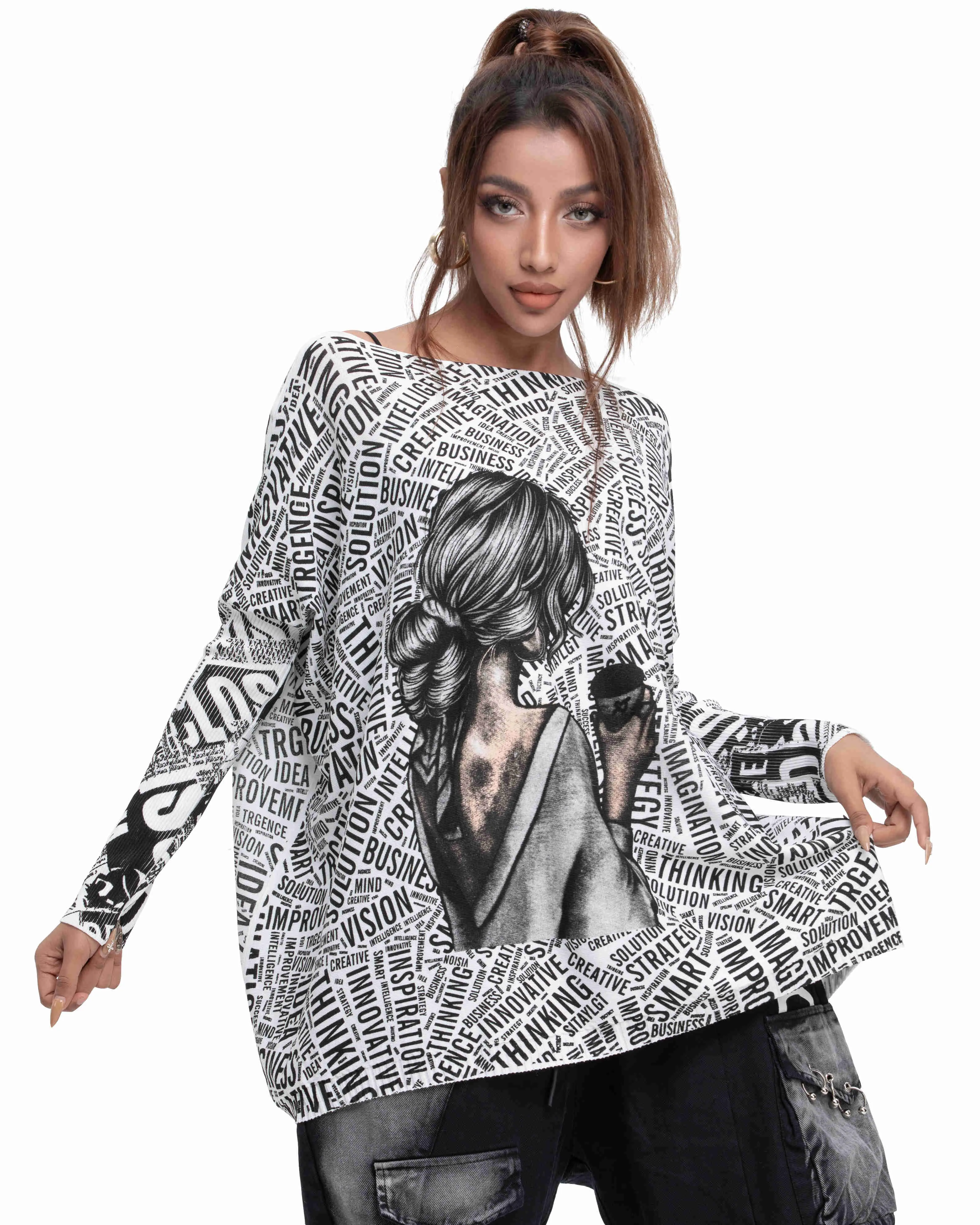 ellazhu Women's Long Sleeve Sweater Newspaper Painting Pullover Oversized Shirt GY2754